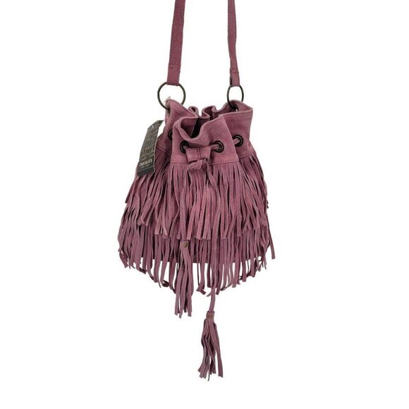 Chocolate New York Crossbody Hobo Bucket Bag Pink Suede Leather Fringe Boho - Picture 9 of 13